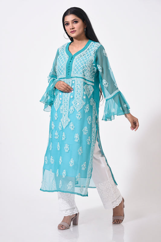 Nice peacock green Hand Chikankari Semi Georgette women Kurti Lucknow Chikan Emporium.