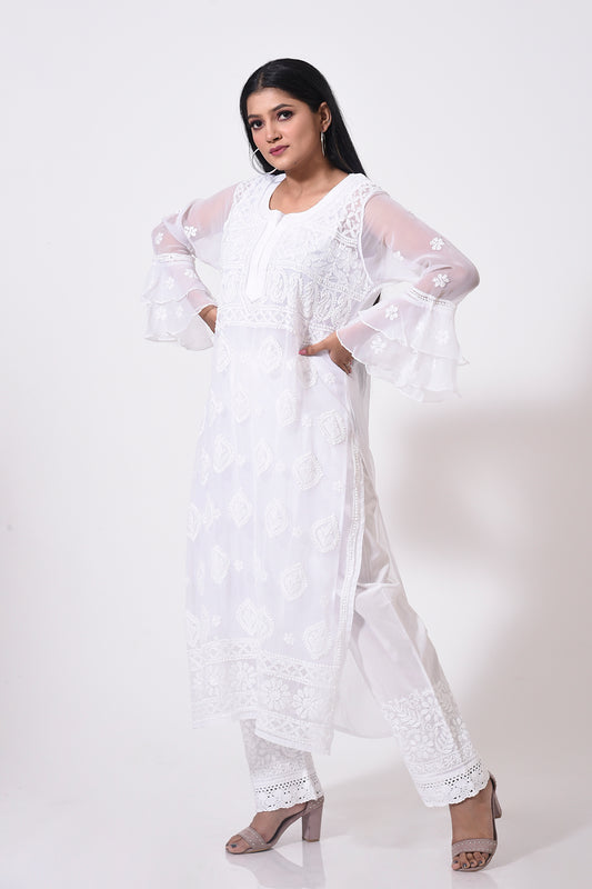Nice white women Kurti Hand Chikankari Semi Georgette Lucknow Chikan Emporium.