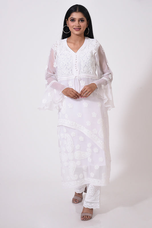 Nice white women Kurti Hand Chikankari Semi Georgette Lucknow Chikan Emporium.