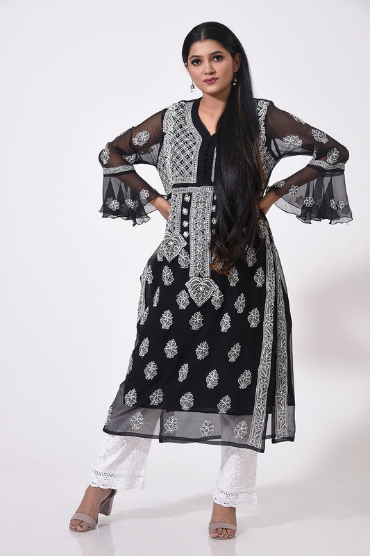 Nice black women Hand Chikankari Semi Georgette Kurti Lucknow Chikan Emporium.