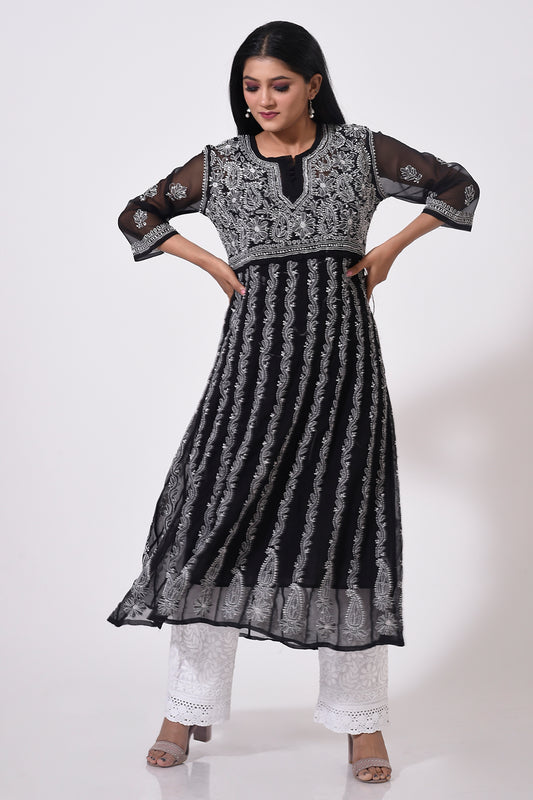 Lucknow Chikan Emporium Hand Chikankari skin friendly Semi Georgette Black  Anarkali Kurti