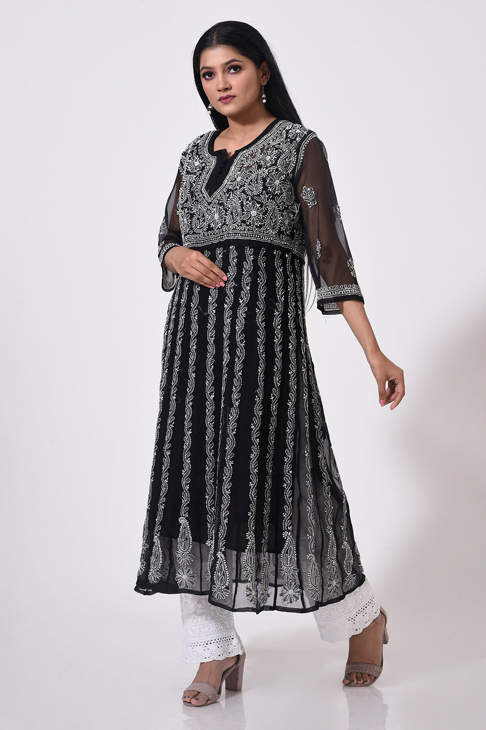 Lucknow Chikan Emporium Hand Chikankari skin friendly Semi Georgette Black  Anarkali Kurti