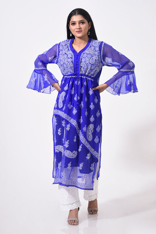 Nice royal blue women Kurti Hand Chikankari Semi Georgette Lucknow Chikan Emporium.