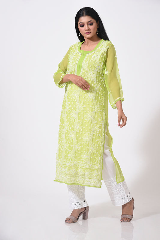 Nice leaf green women Kurti Hand Chikankari Semi Georgette Lucknow Chikan Emporium.