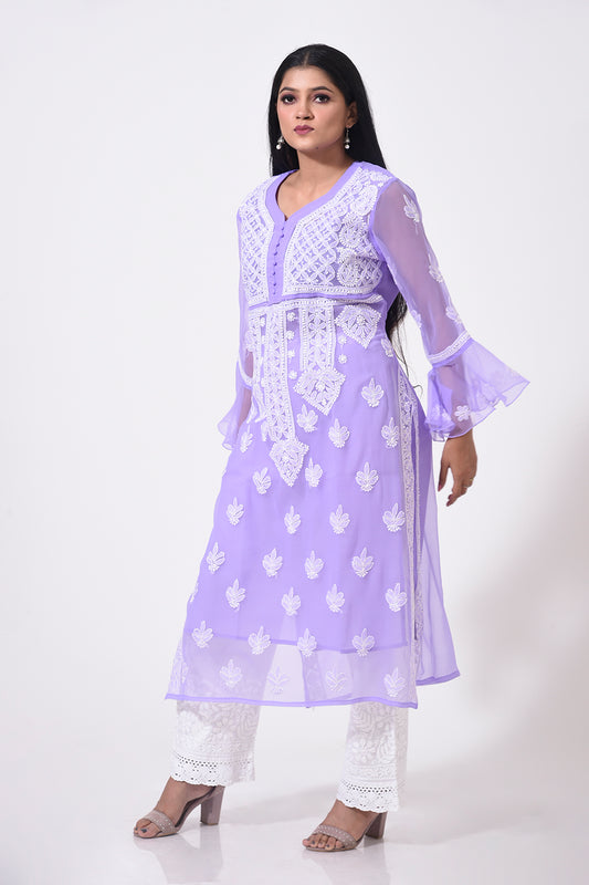 Nice mauve Hand Chikankari Semi Georgette women Kurti Lucknow Chikan Emporium.