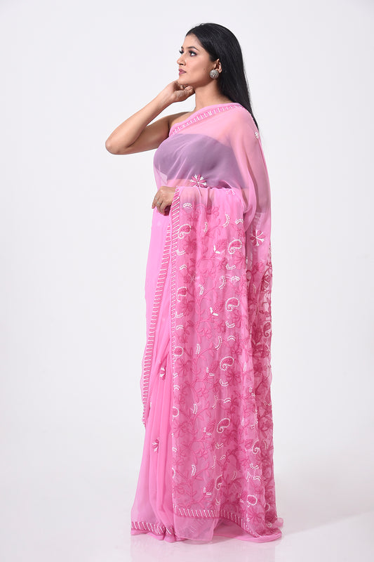 Lucknow Chikan Emporium Hand Chikankarsemi georgette onion pink  colour saree With same Colour Blouse piece included.