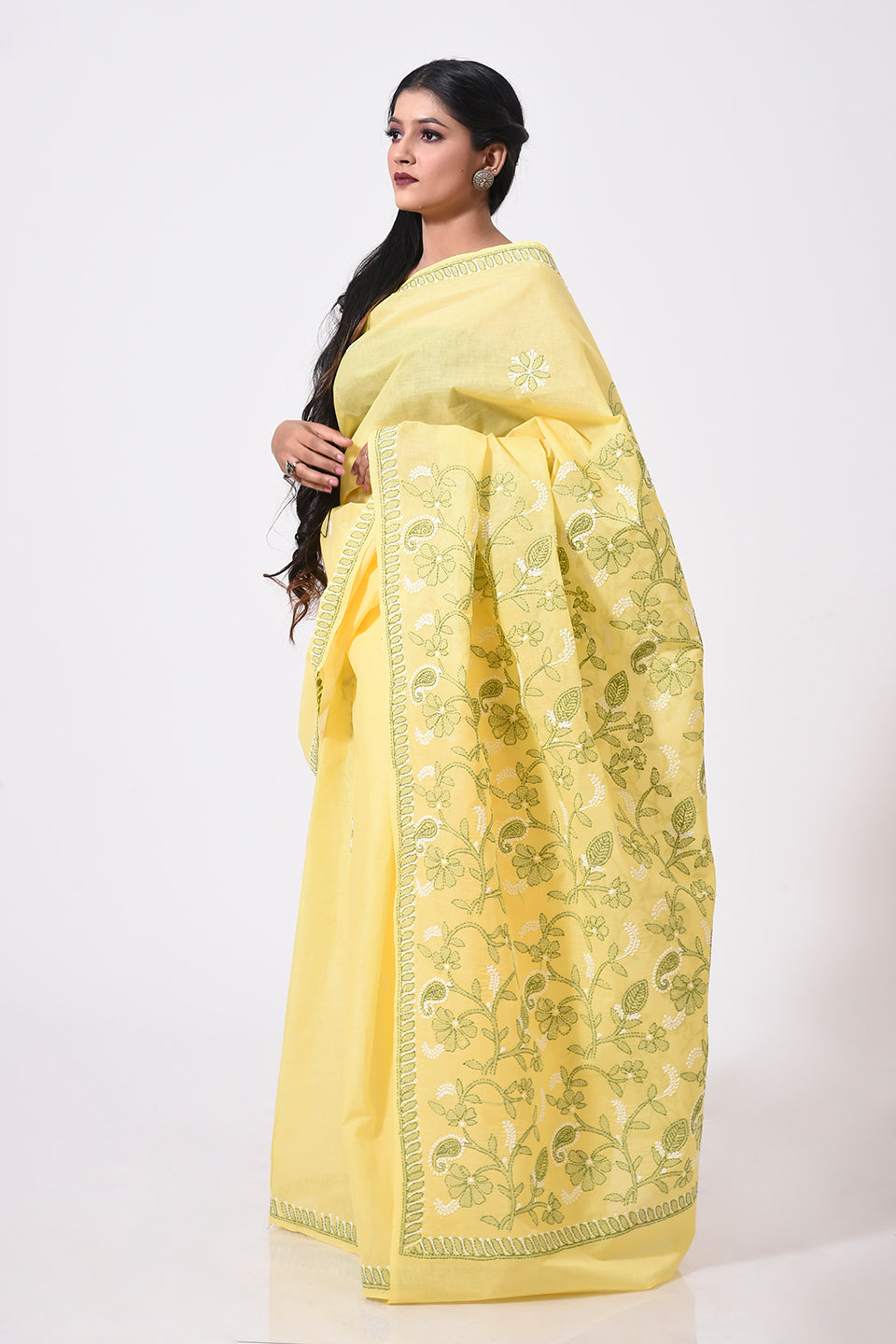 Lucknow Chikan Emporium Hand Chikankari cotton yellow colour saree.