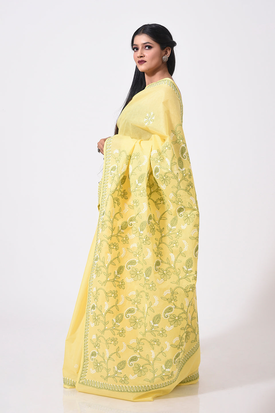 Lucknow Chikan Emporium Hand Chikankari cotton yellow colour saree.