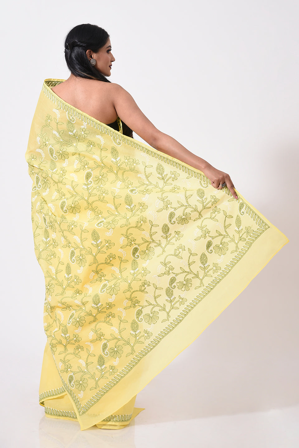 Lucknow Chikan Emporium Hand Chikankari cotton yellow colour saree.