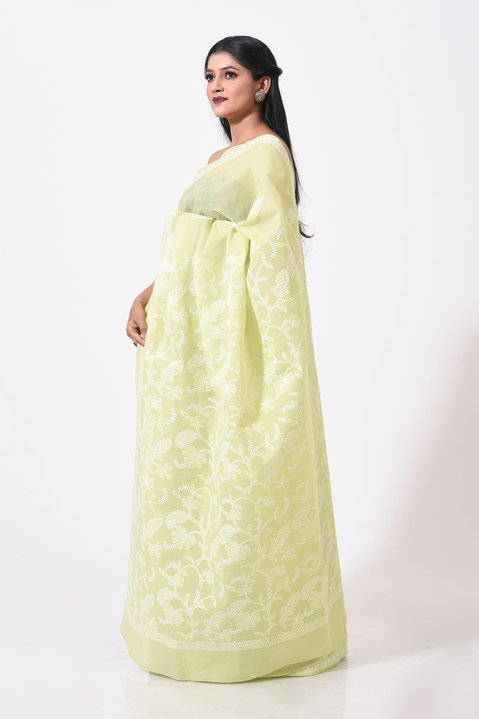 Lucknow Chikan Emporium Hand Chikankari cotton light green colour saree With same Colour Blouse piece included.