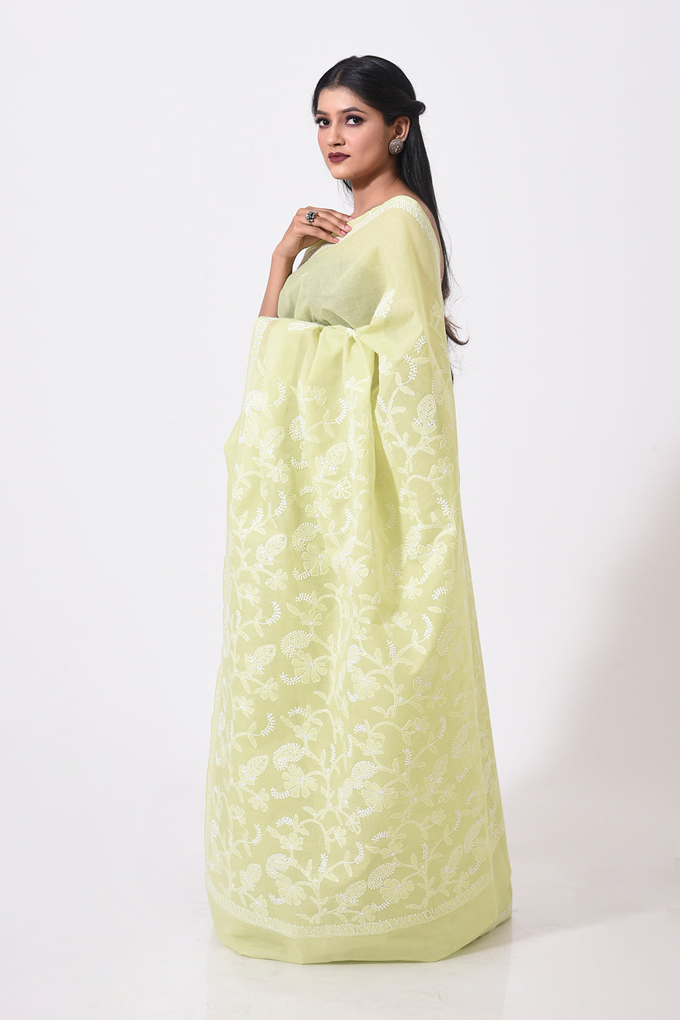 Lucknow Chikan Emporium Hand Chikankari cotton light green colour saree With same Colour Blouse piece included.