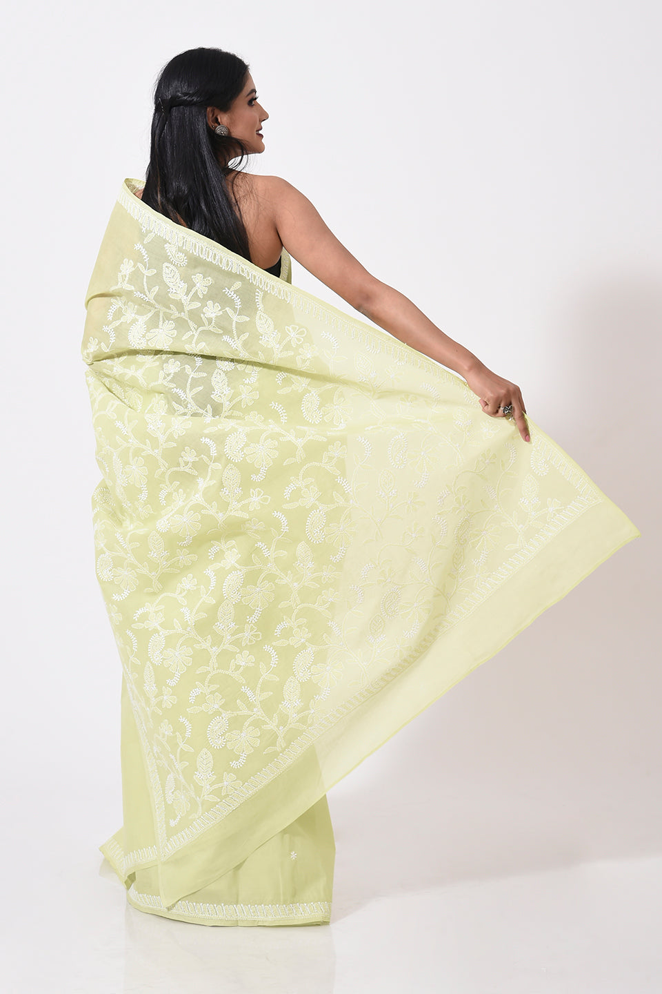 Lucknow Chikan Emporium Hand Chikankari cotton light green colour saree With same Colour Blouse piece included.