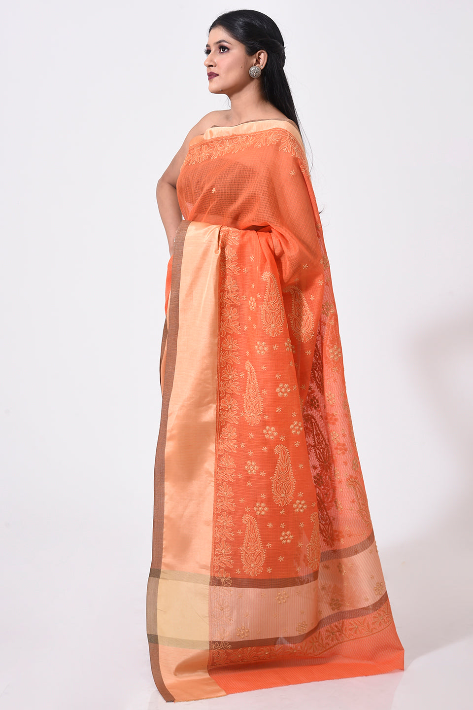 Lucknow Chikan Emporium Hand Chikankari cotton chanderi orange colour saree With same Colour Blouse piece included.