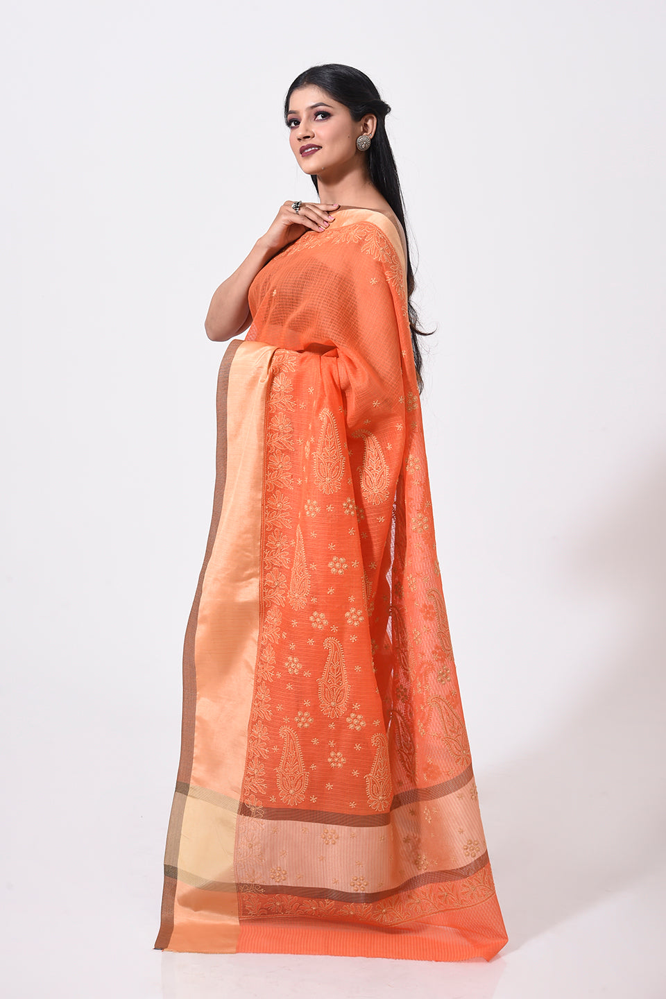 Lucknow Chikan Emporium Hand Chikankari cotton chanderi orange colour saree With same Colour Blouse piece included.