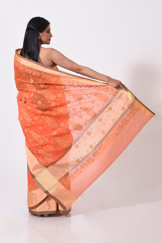 Lucknow Chikan Emporium Hand Chikankari cotton chanderi orange colour saree With same Colour Blouse piece included.