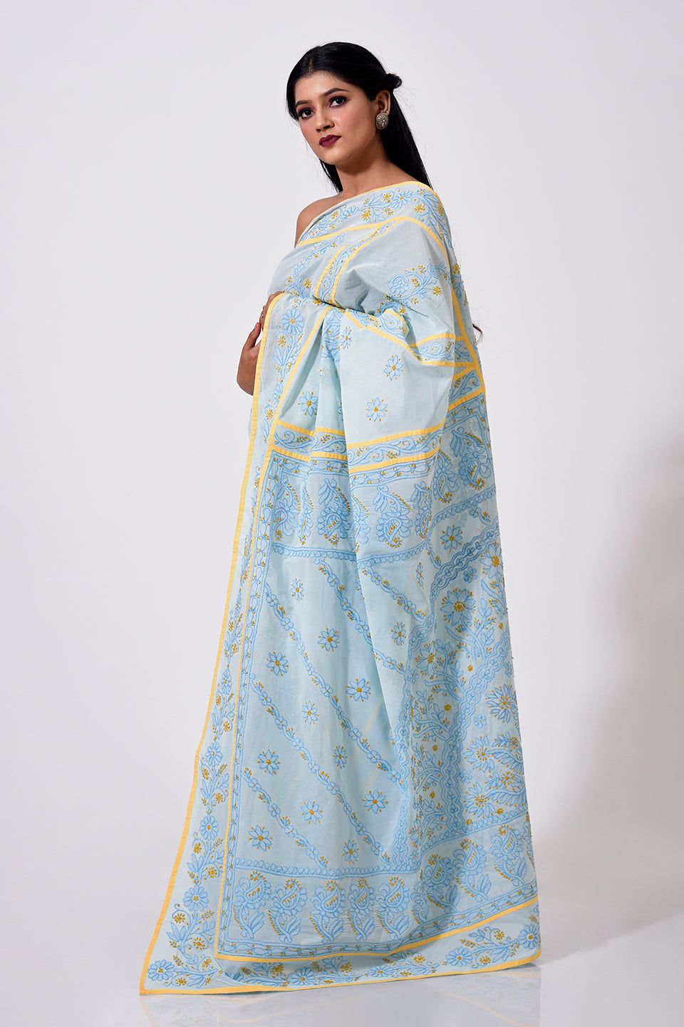 Lucknow Chikan Emporium Hand Chikankari cotton sky blue  colour saree With same Colour Blouse piece included.