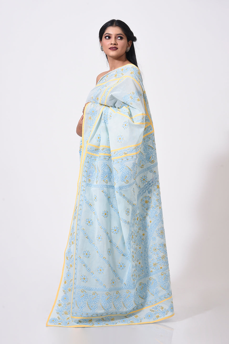 Lucknow Chikan Emporium Hand Chikankari cotton sky blue  colour saree With same Colour Blouse piece included.