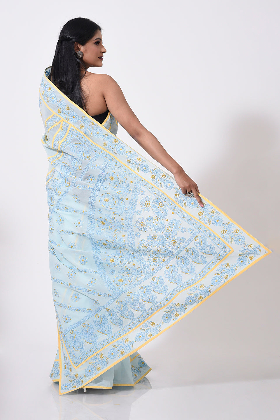 Lucknow Chikan Emporium Hand Chikankari cotton sky blue  colour saree With same Colour Blouse piece included.