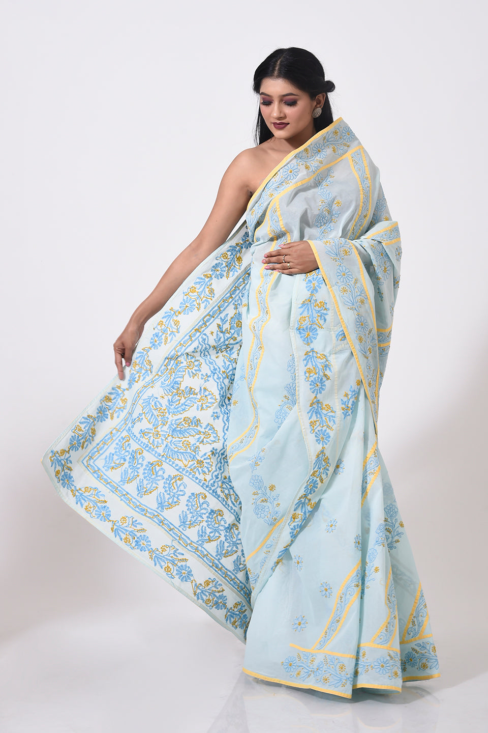 Lucknow Chikan Emporium Hand Chikankari cotton sky blue  colour saree With same Colour Blouse piece included.