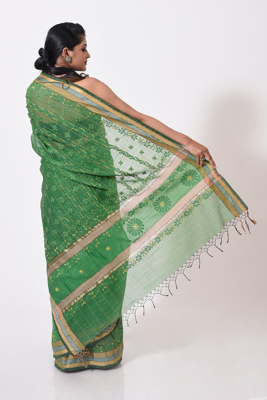 Lucknow Chikan Emporium Hand Chikankari  chanderi dark green  colour saree With same Colour Blouse piece included.