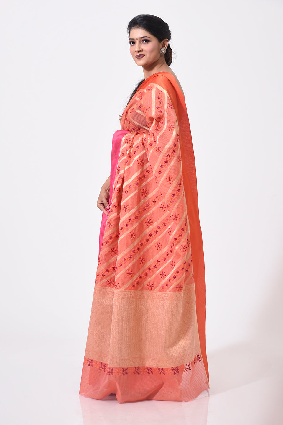 Lucknow Chikan Emporium Hand Chikankari cotton chanderi orange colour saree With same Colour Blouse piece included.