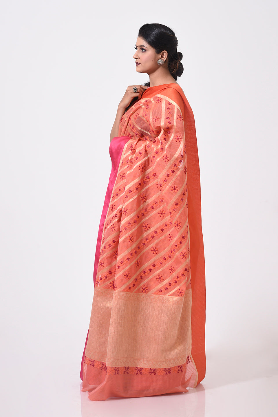 Lucknow Chikan Emporium Hand Chikankari cotton chanderi orange colour saree With same Colour Blouse piece included.