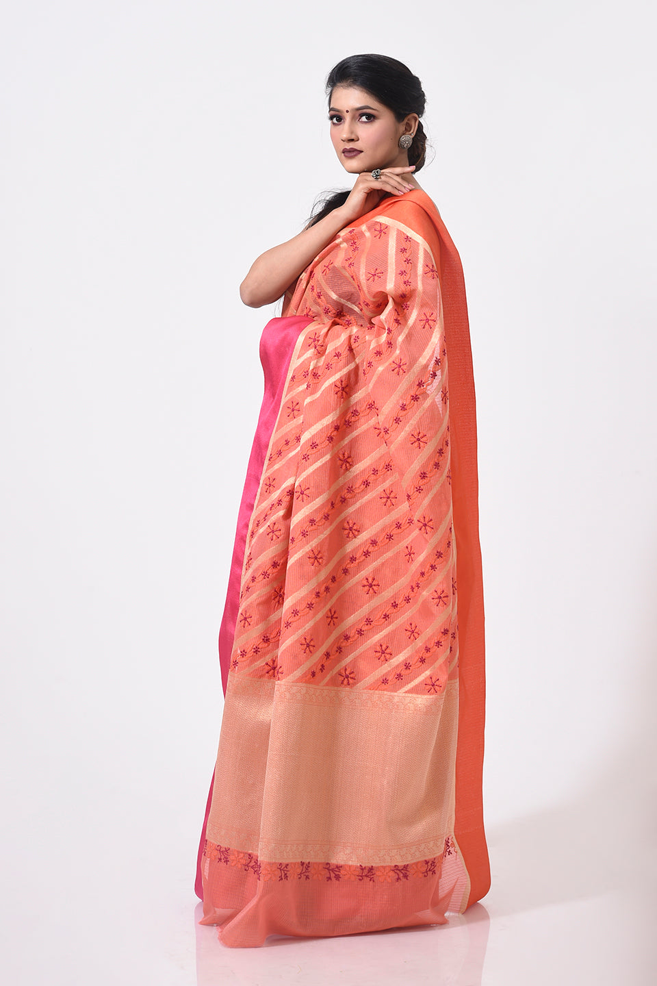 Lucknow Chikan Emporium Hand Chikankari cotton chanderi orange colour saree With same Colour Blouse piece included.