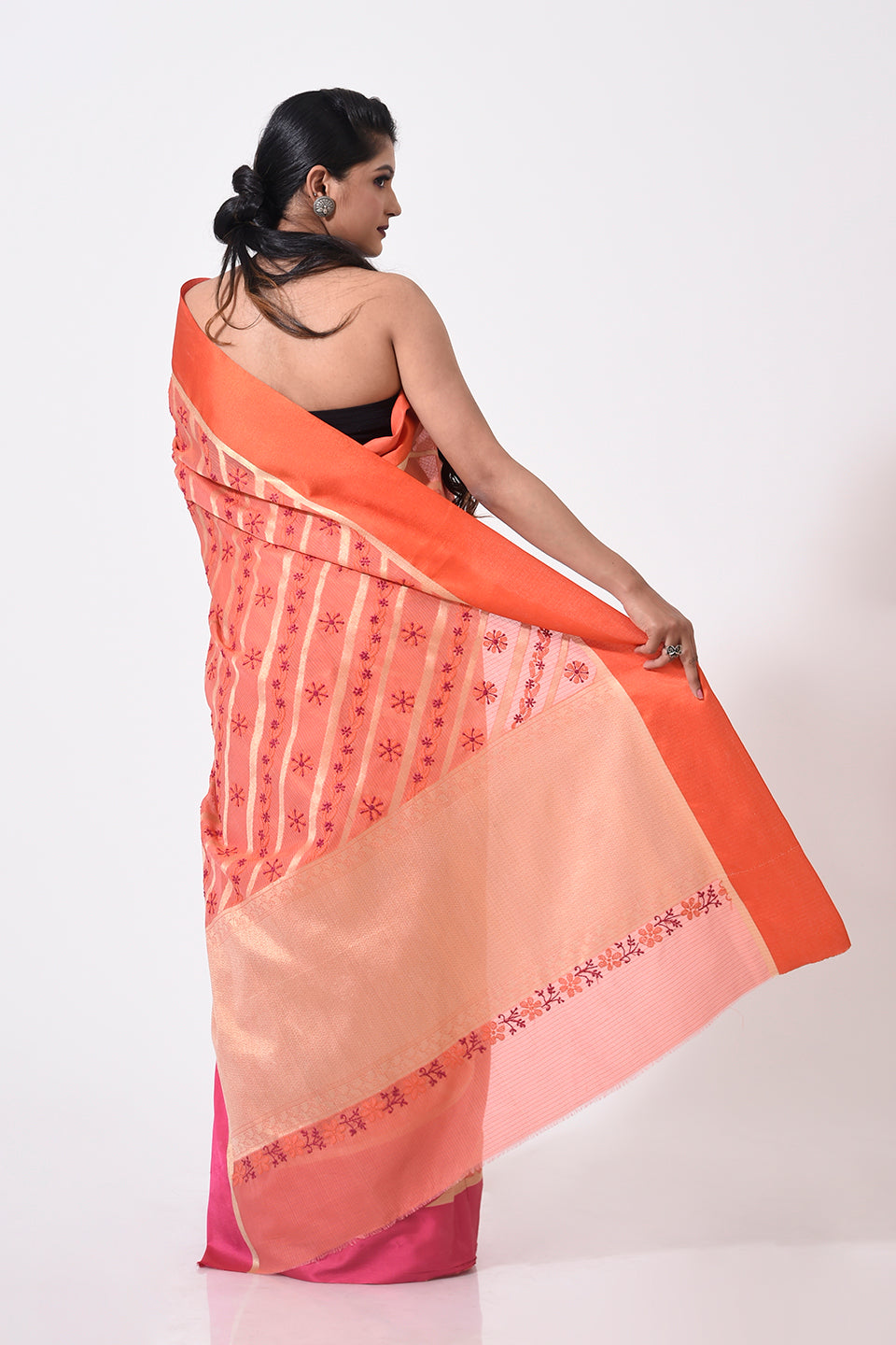 Lucknow Chikan Emporium Hand Chikankari cotton chanderi orange colour saree With same Colour Blouse piece included.