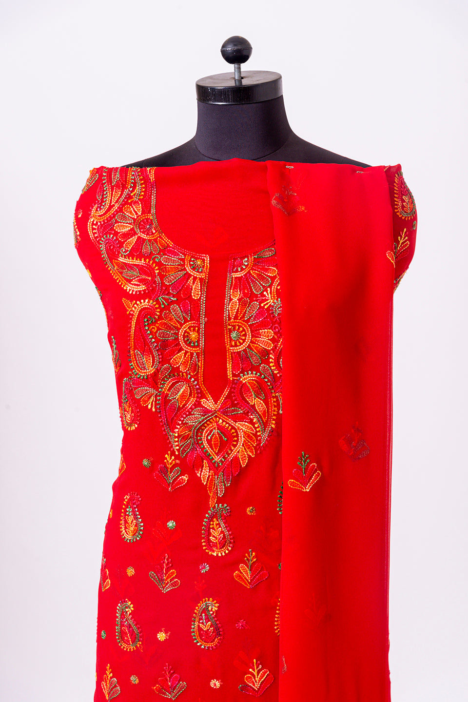 Lucknowi Chikankari  nice red semi georgette Unstiched  suit material