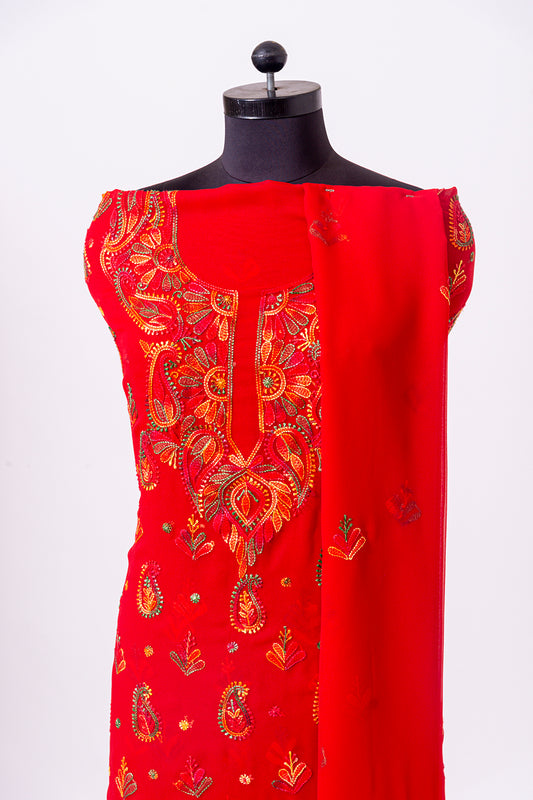 Lucknowi Chikankari  nice red semi georgette Unstiched  suit material