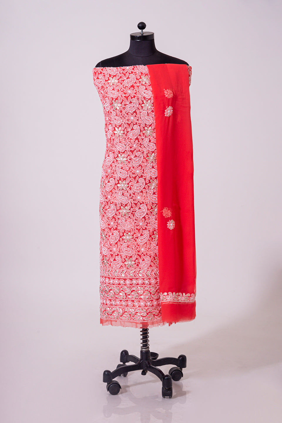 Lucknowi Chikankari carrot red semi georgette Unstiched  suit material