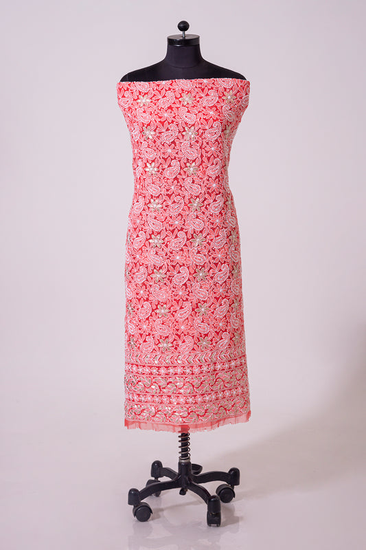 Lucknowi Chikankari carrot red semi georgette Unstiched  suit material