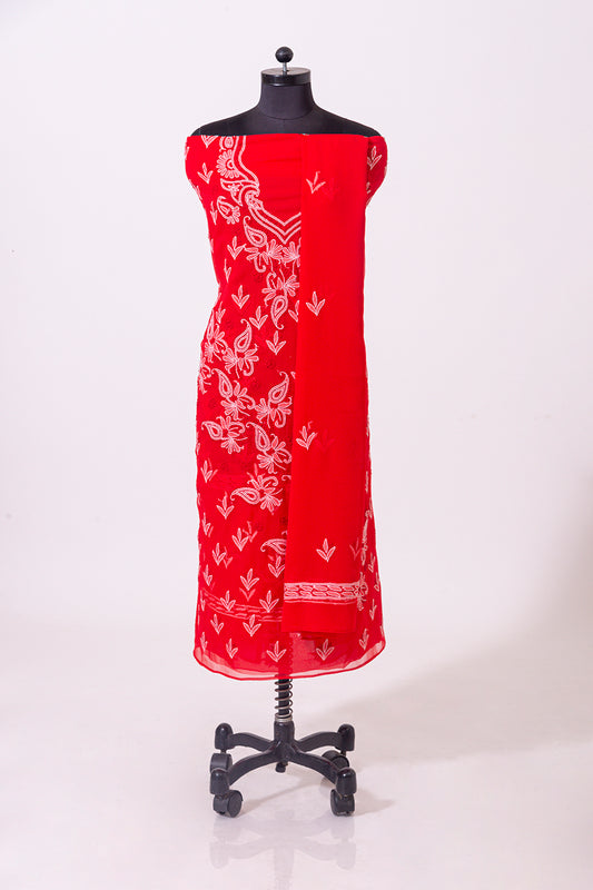 Lucknowi Chikankari  red semi georgette Unstiched  suit material