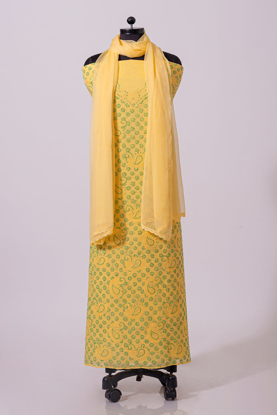 Lucknowi Chikankari yellow cotton Unstiched  suit material