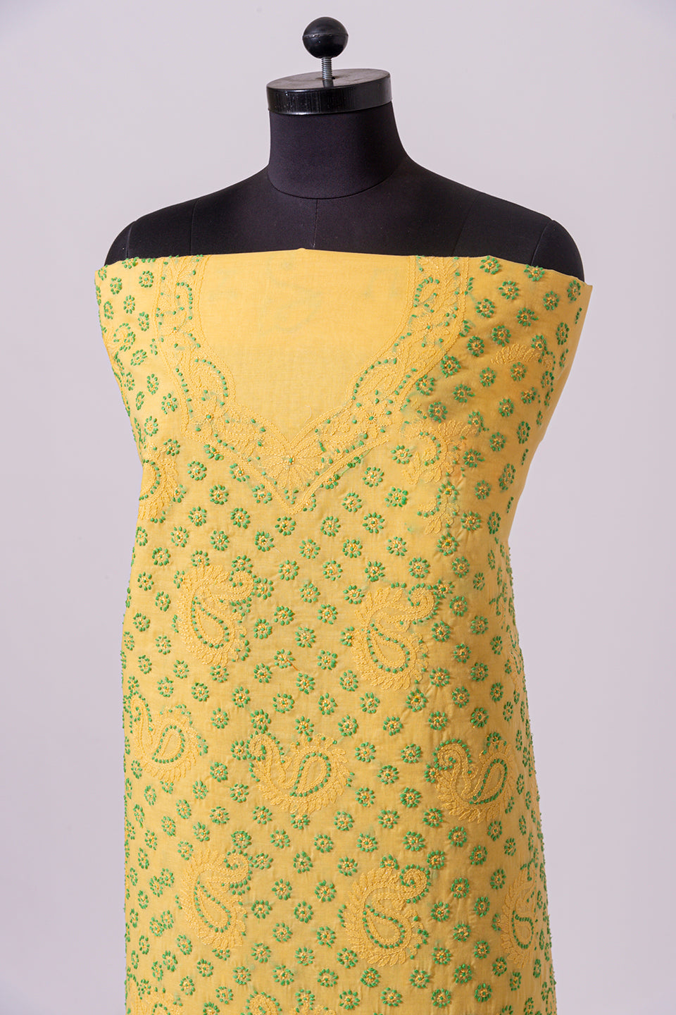 Lucknowi Chikankari yellow cotton Unstiched  suit material