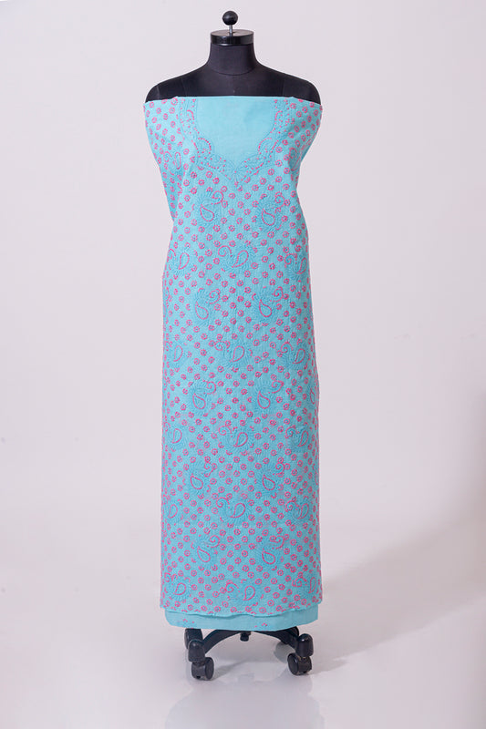 Lucknowi Chikankari light blue cotton Unstiched  suit material