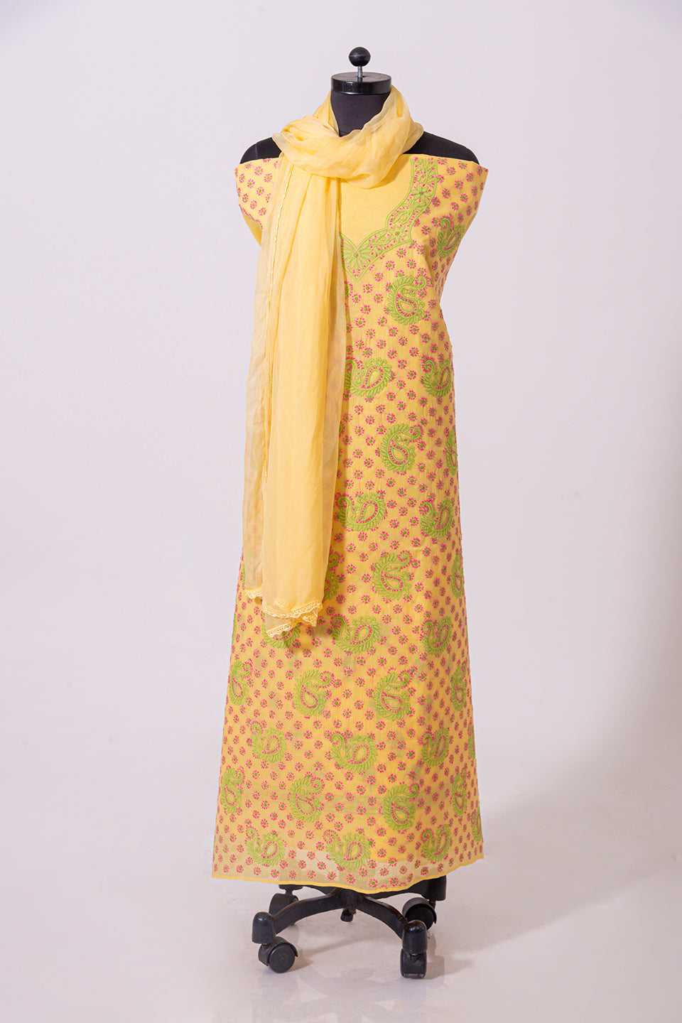 Lucknowi Chikankari yellow cotton Unstiched  suit material