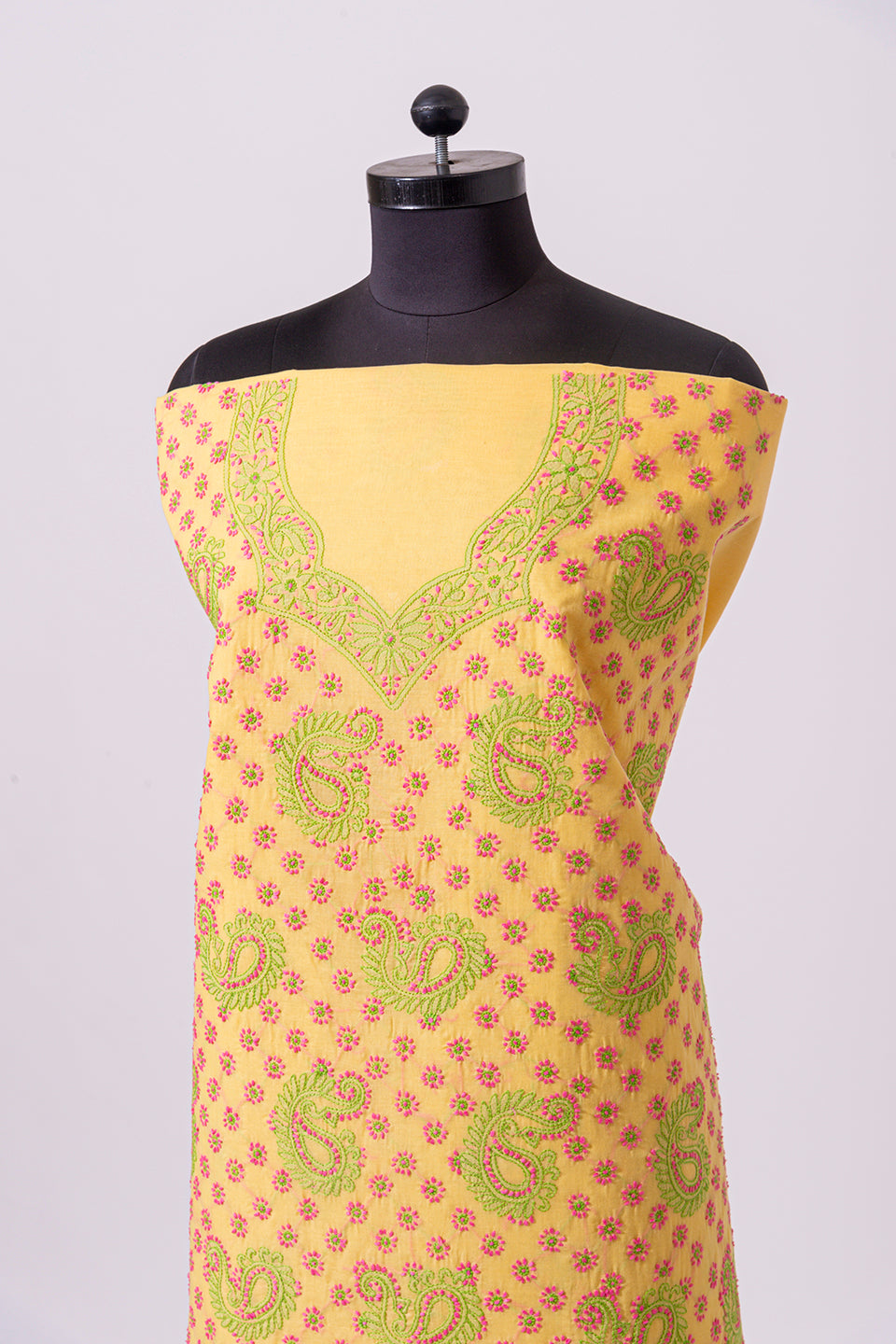 Lucknowi Chikankari yellow cotton Unstiched  suit material