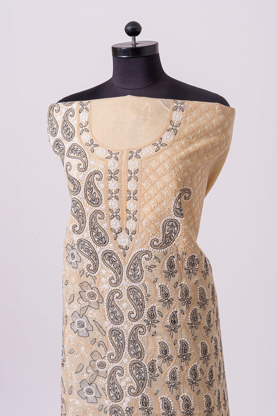 Lucknowi Chikankari fawn cotton Unstiched  suit material with intricate kasab work