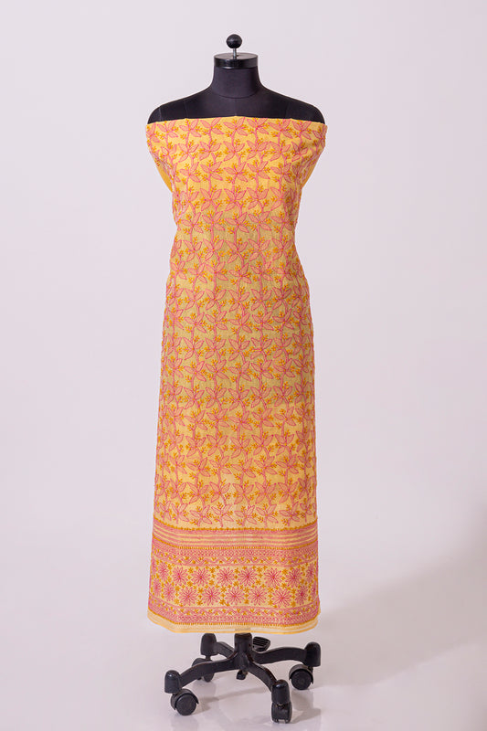 Lucknowi Chikankari cotton chanderi mustard Unstiched  Kurta/Kurti