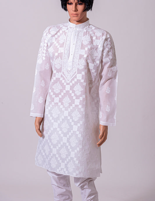 Lucknow Chikan Emporium Lucknowi White Cotton Mens Kurta