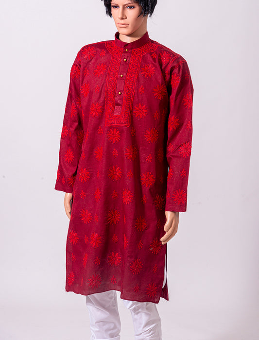 Lucknow Chikan Emporium Pink Cotton Linen Mens Kurta