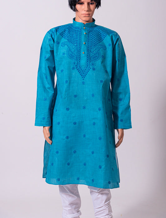 Lucknow Chikan Emporium Ferozi Cotton Silk Mens Kurta