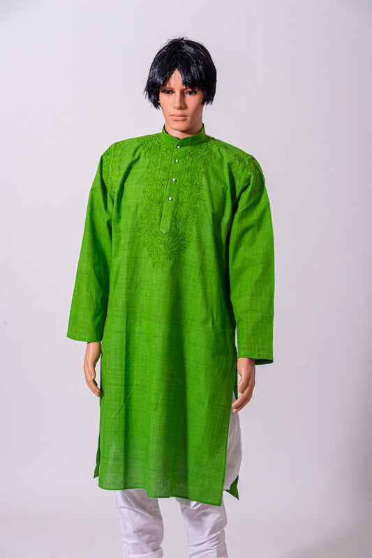 Lucknow Chikan Emporium Green Cotton Hand Chikankari Kurta