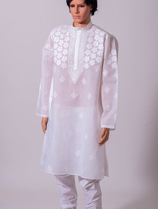 Lucknow Chikan Emporium Lucknowi White Cotton Mens Kurta