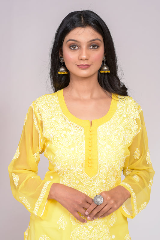 Skin Friendly Semi Georgette Chikankari Kurti Yellow Colour Lucknow Chikan Emporium.