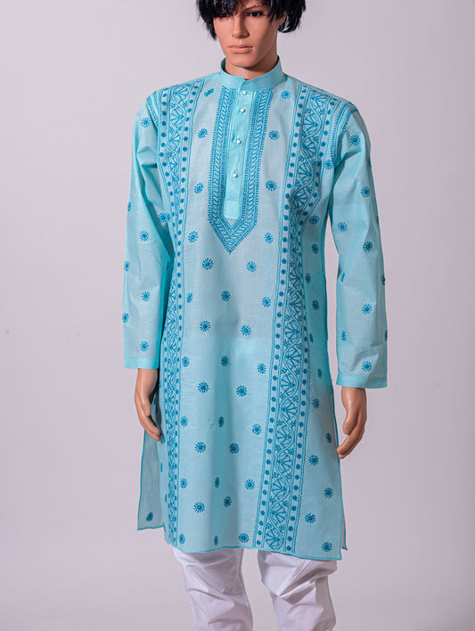 Blue Cotton Lucknow Chikan Emporium Mens Kurta