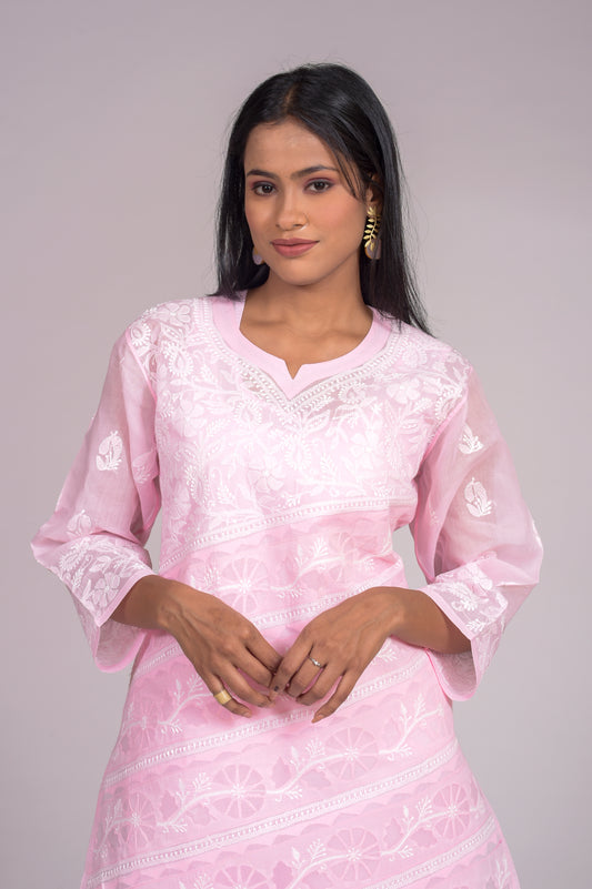 Cotton Light Pink Hand Embroided Chikankari Kurti Lucknow Chikan Emporium.