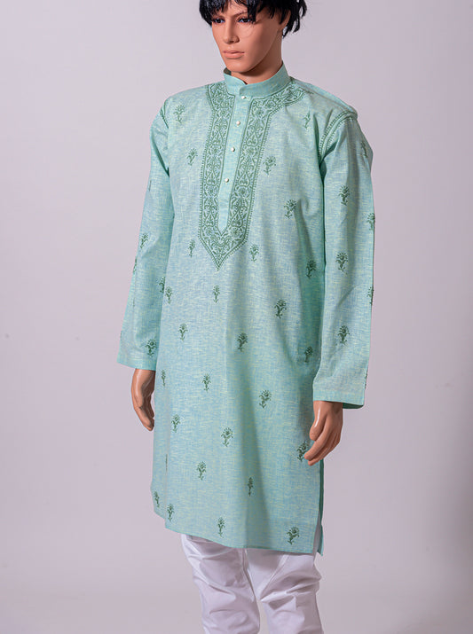 Lucknow Chikan Emporium South Cotton Green Mens Kurta