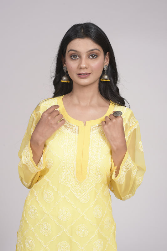 Semi Georgette Chikankari Kurti  Yellow Colour Lucknow Chikan Emporium.